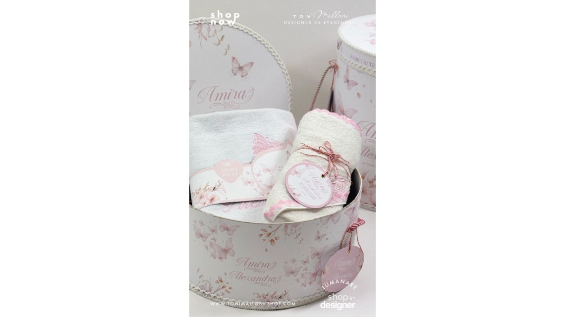 Set prima băiță cu nasii dupa botez cu fluturi roz Pink Butterfly Ritualul blând al apei pentru fetițe 1